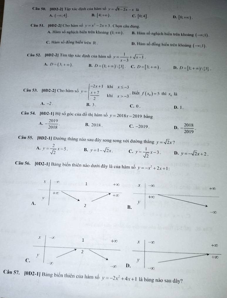 [0D2-2] Tập xác định của hàm số y=sqrt(8-2x)-xIa
A, (-∈fty ;4]. B. [4;+∈fty ). C. [0:4]. D. [0;+∈fty ).
Câu 51. [0D2-2] Cho hàm số y=x^2-2x+3. Chọn câu đúng.
A. Hàm số nghịch biến trên khoảng (1;+∈fty ). B. Hàm số nghịch biển trên khoàng (-∈fty ;1).
C. Hàm số đồng biển trên R. D. Hàm số đồng biến trên khoảng (-∈fty ;1).
Câu 52. [0D2-2] Tìm tập xác định của hàm số y= 1/x-3 +sqrt(x-1).
A. D=(3;+∈fty ). B. D=(1;+∈fty )| 3 . C. D=[3;+∈fty ). D. D=[1;+∈fty ) 3 .
Câu 53. |OD2-2] Cho hàm số y=beginarrayl -2x+1khix≤ -3  (x+7)/2 khix>-3endarray.. Biết f(x_0)=5 thì x_o là
A. -2. B. 3 . C. 0 . D. 1.
Câu 54. [0D2-1] Hệ số góc của đồ thị hàm số y=2018x-2019 bằng
A. - 2019/2018 . B. 2018 . C. -2019. D. - 2018/2019 .
Câu 55. [0D2-1] Đường thăng nào sau đây song song với dường thắng y=sqrt(2)x )
A. y= 2/sqrt(2) x-5. B. y=1-sqrt(2)x. C. y= 1/sqrt(2) x-3. D. y=-sqrt(2)x+2.
Câu 56. [0D2-1] Bảng biển thiên nào dưới đây là của hàm số y=-x^2+2x+1.
x -∞ +∞
+∞
y
.
-∞
Câu 1] Bảng biển thiên của hàm số y=-2x^2+4x+1 là bảng nào sau dây?