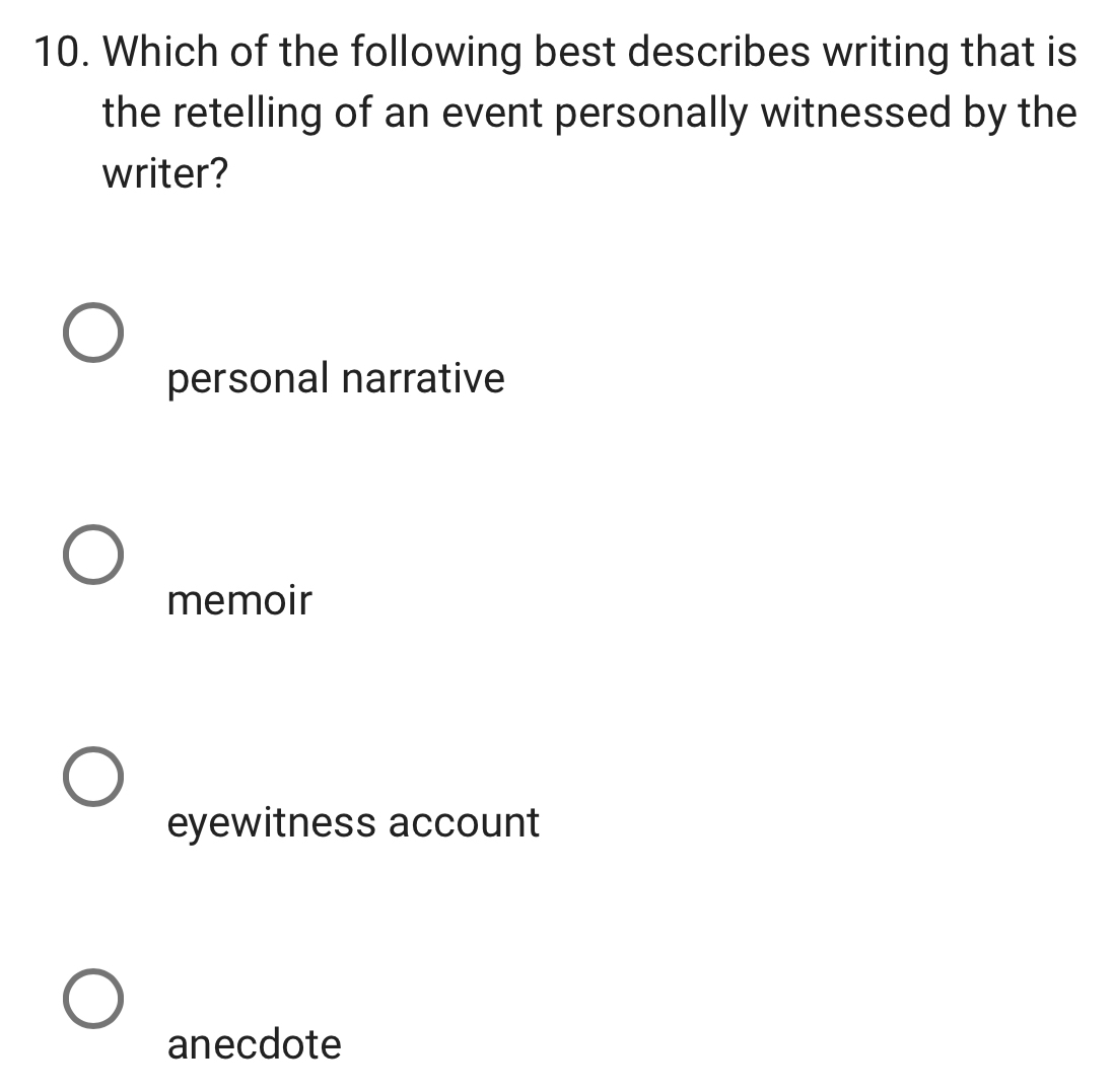 Which of the following best describes writing that is
the retelling of an event personally witnessed by the
writer?
personal narrative
memoir
eyewitness account
anecdote