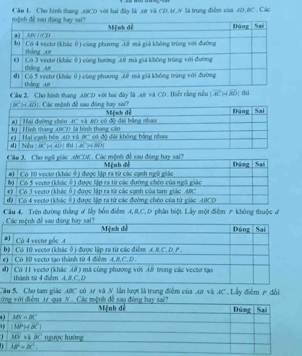 Cho hình thang ABCD với hai đây là AB và CD,M,N là trung điểm của AD,BC . Các
Câu 2, Cho hình thang ABCD với hai đây là AB và CD. Biết rằng nếu |overline AC|=|overline BD| thì
Câu 4, Trên đường thắng đ lấy bốn điểm A,B,C,D phân biệt. Lấy một điểm P không thuộc đ
Câu 5. Cho tam giác ABC có M và N lần lượt là trung điểm của AB và AC . Lẫy điểm P đối
vứng với điểm M qua N . Các mệnh đề sau đúng ha
a
)