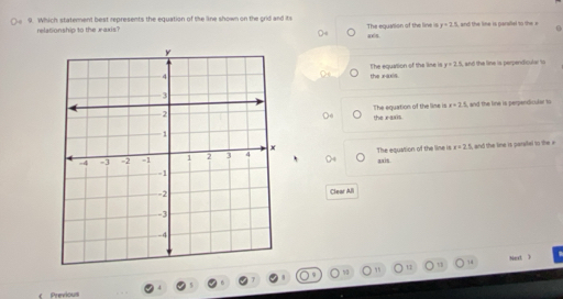 Which statement best represents the equation of the line shown on the grid and its The egustion of the line is y=2.5
relationship to the x-axis? 4005
y=2.5 and the line is perpendicular to
The equation of the line is the x-axis.
The equation of the line is x=2.5 and the line is perpendiculer to
the x-axis.
x=25
The equation of the line is and the line is parsfel to the x
aait
Clear Ali
Next )
Previous