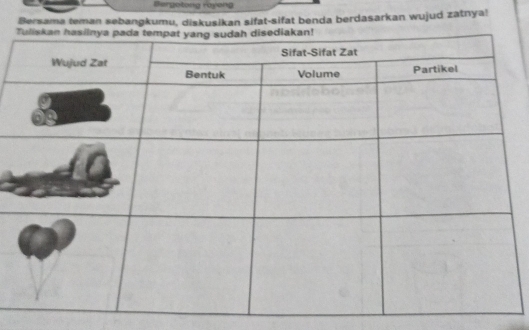 Bergetong rayeng 
Bersama teman sebangkumu, diskusikan sifat-sifat benda berdasarkan wujud zatnya!