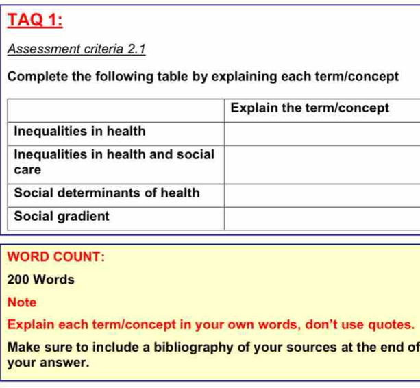 TAQ 1: 
Assessment criteria 2.1 
Complete the following table by explaining each term/concept 
WORD COUNT:
200 Words 
Note 
Explain each term/concept in your own words, don't use quotes. 
Make sure to include a bibliography of your sources at the end of 
your answer.