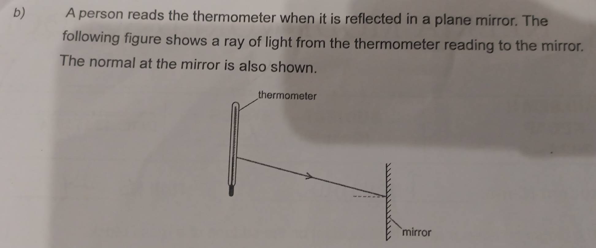 A person reads the thermometer when it is reflected in a plane mirror. The 
following figure shows a ray of light from the thermometer reading to the mirror. 
The normal at the mirror is also shown.