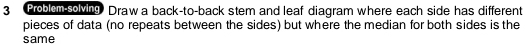 Problem solving Draw a back-to-back stem and leaf diagram where each side has different 
pieces of data (no repeats between the sides) but where the median for both sides is the 
same