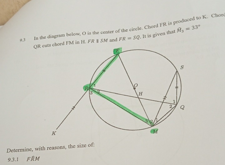 9.3 In the diagram below, O is the center of the circle. Chord FR is produced to K. Chore
QR cuts chord FM in H. FRparallel SM and FR=SQ. It is given that widehat M_3=33°
Determine, with reasons, the size of: 
9.3.1 FRM