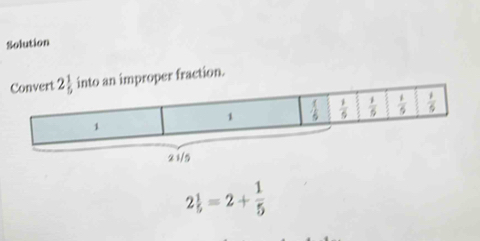 Solution
o an improper fraction.
2 1/5 =2+ 1/5 