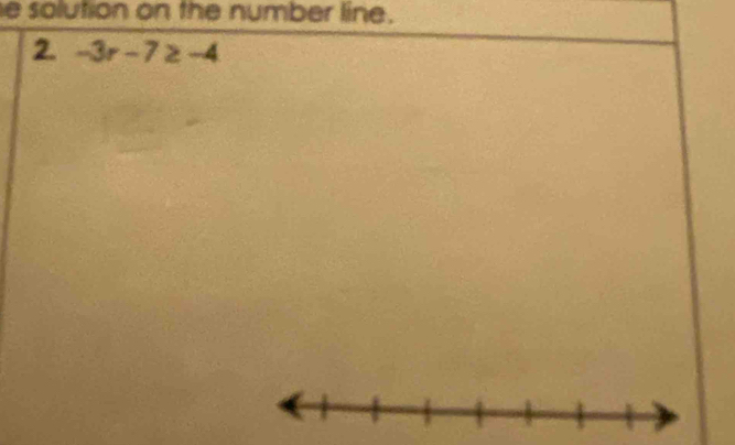 solution on the number line. 
2 -3r-7≥ -4