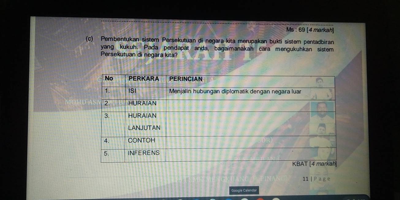 Ms : 69 [4 markah] 
(c) Pembentukan sistem Persekutuan di negara kita merupakan bukti sistem pentadbiran 
yang kukuh. Pada pendapat anda, bagaimanakah cara mengukuhkan sistem 
Persekutuan di negara kita? 
MOHD 
11 | P a g e 
Google Calenda