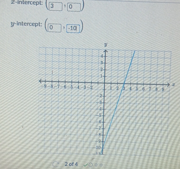 x-intercept: (3,0)
y-intercept: (0,-10)
2 of 4