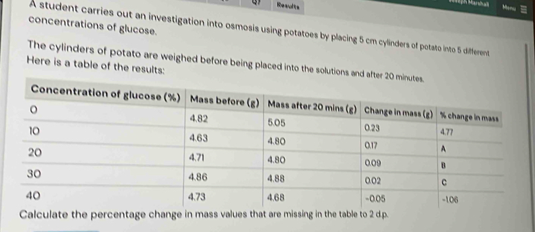 Results 
Maseph Marshali Mera 
concentrations of glucose. 
A student carries out an investigation into osmosis using potatoes by placing 5 cm cylinders of potato into 5 different 
The cylinders of potato are weighed before being placed into the solutions and after 2
Here is a table of the results: 
Calculate the percentage change in mass values that are missing in the table to 2 d.p.