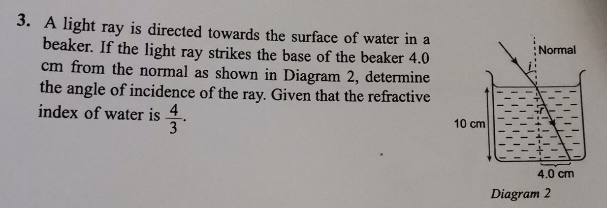 A light ray is directed towards the surface of water in a 
beaker. If the light ray strikes the base of the beaker 4.0
cm from the normal as shown in Diagram 2, determine 
the angle of incidence of the ray. Given that the refractive 
index of water is  4/3 . 
Diagram 2