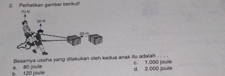 Perhatikan gambar berikut!
Besamya usaha yang dilakukan oleh kedua anak itu adalah . . . .
a. 80 joule c. 1.000 joule
b. 120 joule d. 2.000 joule