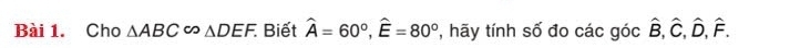 Cho △ ABC∈fty △ DEF. Biết widehat A=60°, widehat E=80° , hãy tính số đo các góc hat B, hat C, hat D, hat F.