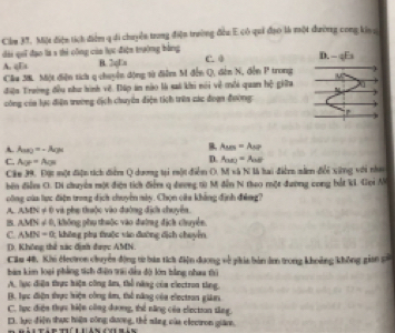 Cilm 39. Miột điện tích điễm q di chuyển trung điện trường đều E có qui đạo là một đường cong kinc
dài qui đạo là s thẻ công của lọc điện trường bằng C. 0 D.-qEs
A. qEs B. 2qEs
Câu 38 Một điện tích q chuyên động tà điểm M đến Q, đên N, đến P trong
điện Trường đều như hình về. Đập an nào là sai khi nói về mỗi quan hộ giữu
công còa lực điện trường dịch chuyên điện tích trên các đoạn đường:
A. A(n)=-A(n)
A_△ =A=A_NP
C. Aor=Aos
D. A(ne)=A(ne)
Câu 39. Đột một điện tích điểm Q dương tại một điểm O. M và N là hai điểmn nằm đổi xững với như
bên điễn C. Di chuyên một điện tích điển 9 dương từ M đễn N theo một đương cong bắt k. Gọi M
công của lực điện trong dịch chuyển mày. Chọn cửu khẳng định đúng?
A AMN!= 0 và phụ thuộc vào đường địch chuyềa.
B AMN!= 0 1, không phụ thuộc vào đường địch chuyển.
C AMN=0 k, không pha thuộc vào đường địch chuyên
D. Không thể xác định được AMN.
Cầu 48. Khi Heotron chuyền động từ bán tích điện đương về phia bản âơ trong khoảng không gian số
ban kim loại phẳng tích điện trai đều độ lớn bằng nhau ti
A, lực điện thực hiện công âm, thổ năng của clectron tăng.
B. lực điện thực hiện công âm, thể năng còa clectran giám
C. lực điện thực kiện công dương, thể năng của clecton tăng.
D. lực điện thực hiện công dương, thể săng của electron gián,