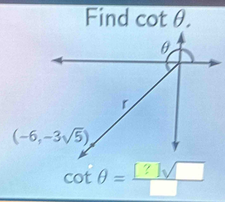 Find cotθ.
cot θ = [?]sqrt()/□  