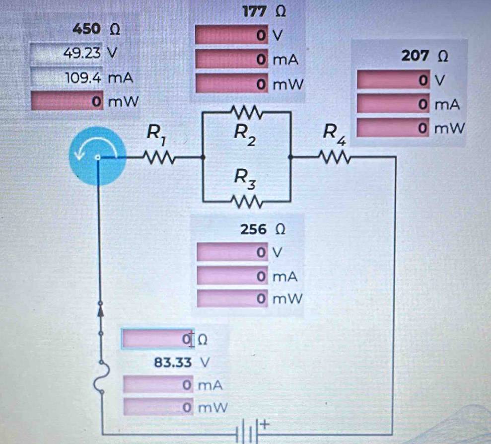 177Ω
450 Ω
o v
49.23 V 207 Ω
0 mA
109.4 mA 0 v
0 mW