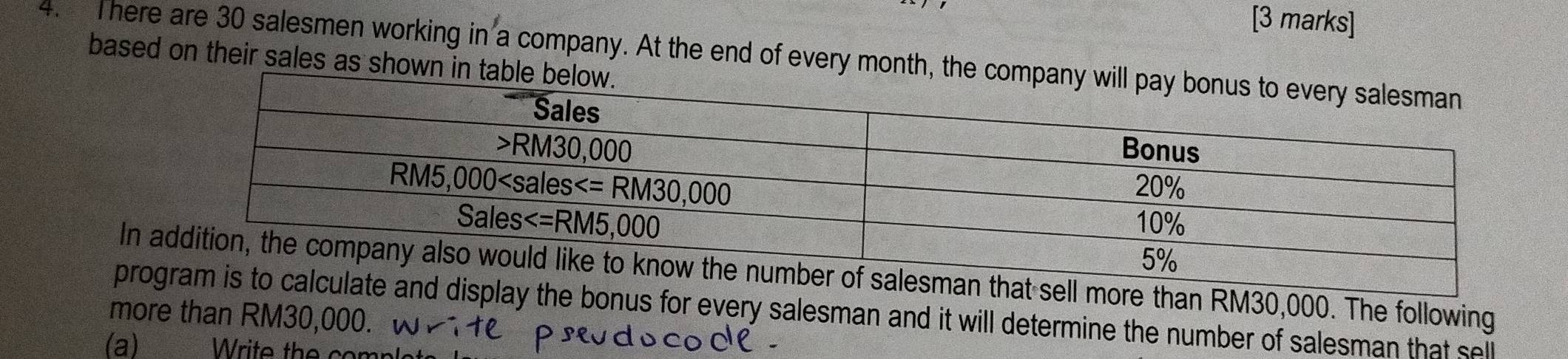 here are 30 salesmen working in a company. At the end of every month
based on their sales as shown
Inalesman that sell more than RM30,000. The following
prto calculate and display the bonus for every salesman and it will determine the number of salesman that sell
more than RM30,000.
(a)  Write the