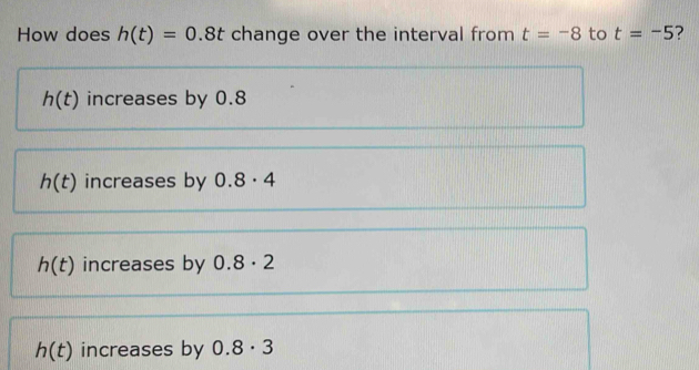 How does h(t)=0.8t change over the interval from t=-8 to t=-5
h(t) increases by 0.8
h(t) increases by 0.8· 4
h(t) increases by 0.8· 2
h(t) increases by 0.8· 3