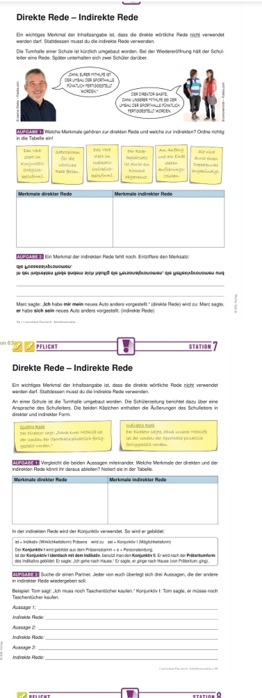 Direkte Rede - Indirekte Rede
Ein wichtiges Merkmal der Inhaltsangabe ist, dass die direkte wörtliche Rede nicht verwendet
leiter eine Rede. Später unterhalten sich zwei Schüler darüber.
in die Tabelle ein! AU FGABEe Welche Merkmae gehören zur direkten Rede und weiche zur indirekten? Ordne richtig
stgkt in Sstzzgchg
Das Vtrill ther Debol Sie winol
für the Aurch einen
te d l s i v. Areet ims und an End stchen Doppe monkit
aconjunietlv (Möglish Redïe feclen
Igitsform1. (Wirkllcke Auführungs
ungreändigt
leeltsform). a bgentrut .
Deä Ein Merkmal der indirekten Rede fehlt noch. Entziftere den Merksatz:
_
Marc sante: Ich habe mir mein neues Auto anders vorgestellt.'' (direkte Flede) wird zu: Marc samte.
PF L ICH T STATION
Direkte Rede - Indirekte Rede
An einer Schule ist die Tumhalle umgebaut worden. Die Schülerzeitung berichtet dazu über eine
direkter und inclirekter Form.  Ansprache des Schulleiters. Die beiden Kästchen enthaften die Äußerungen des Schufleiters in
Muörelete muedie
Dintiste Pede Der Déreler sagt: _Dank turer mithlf ủe Der Direktor sägte, dank unserer Mitkeilft
sti der Umbau der Sperthaut pänktlich
der Unmbau der Sporthalle sünkslich ferzig. fertiggestellt worden.
Bistelt worden.
Euak  e Vergleicht die beiden Aussägen miteinänder. Welche Merkmale der drekten und der
Indirekten Rede könnt ihr caraus ablieiten? Notiert sie in der Tabelle.
In der indirekten Rede wird der Konjunktiv verwendet. So wird er gebildet
ist = Indikstiv (Wirklichkeitsfarm) Präsens wird zu sei = Kanjunktiv I (Möglichkeitsfarm)
Der Kanjunkthv II wird gebildet aus dem Präsensstamm + e + Personalendung
ist der Kanjunktiv I identisch mit dem Indikativ, benutzt man den Kanjunktiv II. Er wird nach der Präteritumform
des Indikativs geblidet: Er segte: Jch gehe nach Hause.' Er sagte, er ginge nach Hause Ivon Priteritum; sing).
in indirekter Rede wiedergeben soll. ar  d e Suche dir einen Partner, Jeder von euch überlegt sich drei Aussagen, die der andere
Taschentücher kaulen.  Beispiel: Tom ssat: Ich muss noch Teschemücher kaufen.'' Konjunktv I: Tom seote, er müsse noch
Aussage 1:
Indirekte Røde:
Aussage 2:_
Indlrekte Føde_
Aussage 3:_
Indirekte Rede;
_
I
0