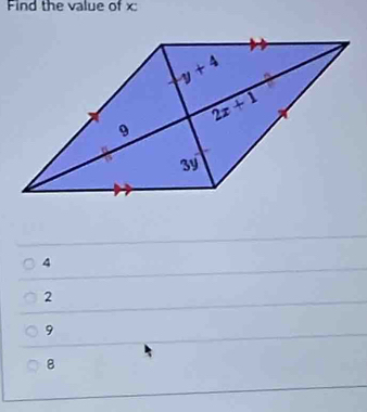 Find the value of x:
4
2
9
8