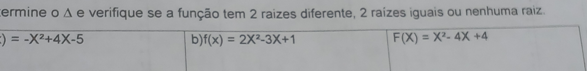 termine o Δ e verifique se a função tem 2 raizes diferente, 2 raízes iguais ou nenhuma raiz.