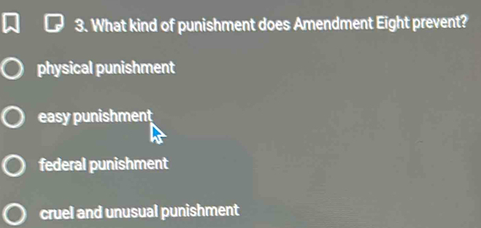 What kind of punishment does Amendment Eight prevent?
physical punishment
easy punishment
federal punishment
cruel and unusual punishment