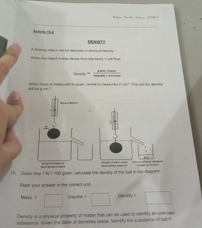 Bahan Sumbor Méuisı SAMS 
Activity 15.6 
DENSITY 
A floating object can be describe in terms of density. 
When the object is less dense than the liquid, it will float.
Density= (jisim/mass)/isipadu/volume 
When mass is measured in gram, olume is measured in cm^3. The unit for density 
will be gcm^(-3).
109m
Weight of ball in water Volume of water displaced 
Berat bebola dalam air Isipadu air tersesor 
15. Given that 1N=100gram , calculate the density of the ball in the diagram. 
State your answer in the correct unit.
Mass =  1/2  Volume= =□ Density =□
Density is a physical property of matter that can be used to identify an unknown 
substance. Given the table of densities below. Identify the substance of ball P.