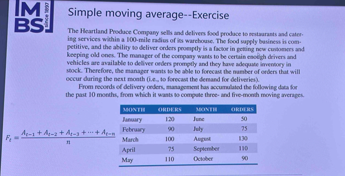 as Simple moving average--Exercise 
The Heartland Produce Company sells and delivers food produce to restaurants and cater- 
ing services within a 100-mile radius of its warehouse. The food supply business is com- 
petitive, and the ability to deliver orders promptly is a factor in getting new customers and 
keeping old ones. The manager of the company wants to be certain enough drivers and 
vehicles are available to deliver orders promptly and they have adequate inventory in 
stock. Therefore, the manager wants to be able to forecast the number of orders that will 
occur during the next month (i.e., to forecast the demand for deliveries). 
From records of delivery orders, management has accumulated the following data for 
the past 10 months, from which it wants to compute three- and five-month moving averages.
F_t=frac A_t-1+A_t-2+A_t-3+·s +A_t-nn