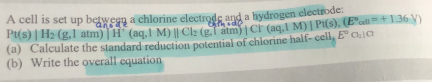 Pt(s)|H_2(g,1atm)|H^+(aq,1M)||Cl_2(g,1M)||Cl^-(aq,1M)|Pt(s),(E°cell=+1.36V) A cell is set up between a chlorine electrode and a hydrogen electrode: 
(a) Calculate the standard reduction potential of chlorine half- ce 11 E°Cl_2|Cl
(b) Write the overall equation