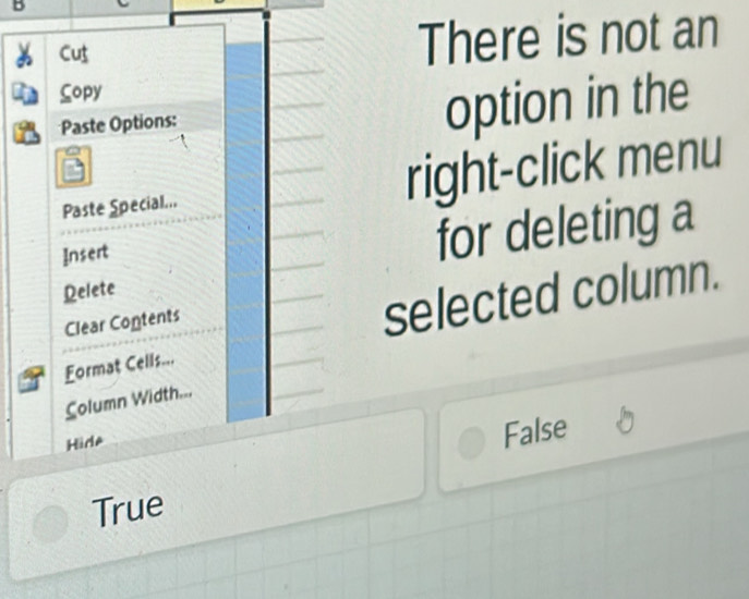 Cut There is not an
Copy
Paste Options:
option in the
Paste Special... right-click menu
Insert
for deleting a
Delete
Clear Contents
selected column.
Format Cells...
Column Width...
Hide
False
True