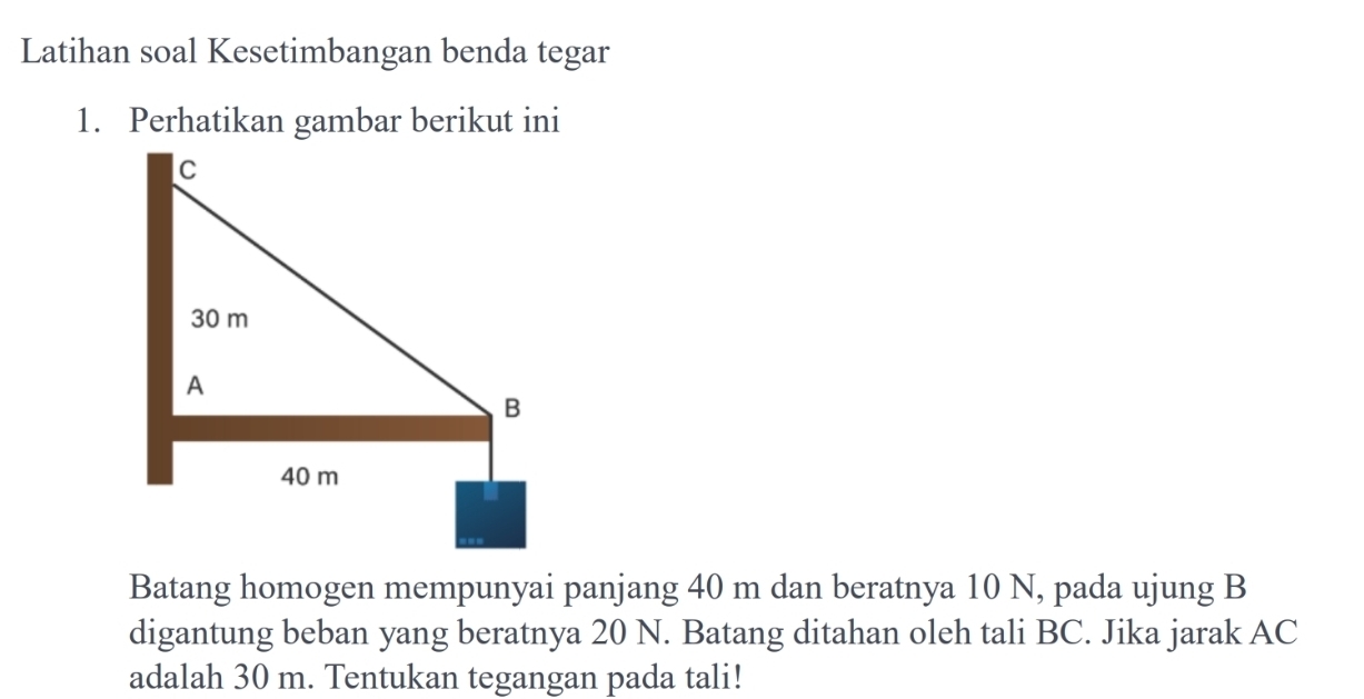 Latihan soal Kesetimbangan benda tegar 
1. Perhatikan gambar berikut ini 
Batang homogen mempunyai panjang 40 m dan beratnya 10 N, pada ujung B
digantung beban yang beratnya 20 N. Batang ditahan oleh tali BC. Jika jarak AC
adalah 30 m. Tentukan tegangan pada tali!