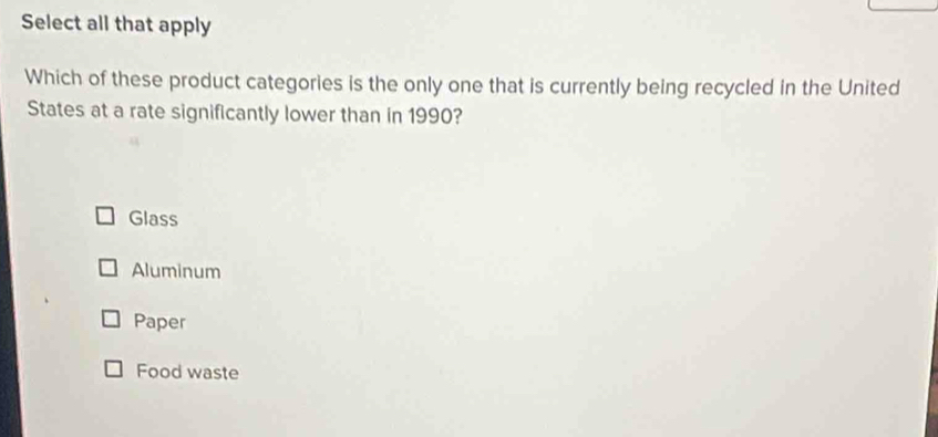 Select all that apply
Which of these product categories is the only one that is currently being recycled in the United
States at a rate significantly lower than in 1990?
Glass
Aluminum
Paper
Food waste