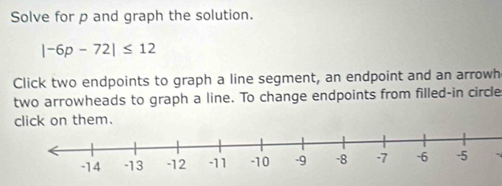 Solve for p and graph the solution.
|-6p-72|≤ 12
Click two endpoints to graph a line segment, an endpoint and an arrowh 
two arrowheads to graph a line. To change endpoints from filled-in circle 
em.