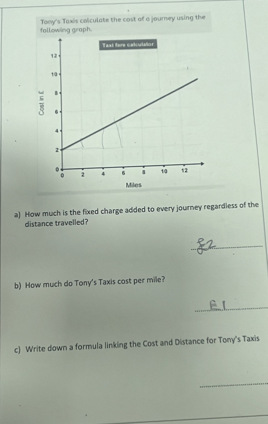 Tony's Taxis calculate the cost of a journey using the 
following graph. 
;
Miles
a) How much is the fixed charge added to every journey regardless of the 
distance travelled? 
_ 
b) How much do Tony's Taxis cost per mile? 
_ 
c) Write down a formula linking the Cost and Distance for Tony’s Taxis 
_