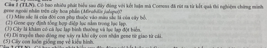 (TLN). Có bao nhiêu phát biểu sau đây đúng với kết luận mà Correns đã rút ra từ kết quả thí nghiệm chứng minh
gene ngoài nhân trên cây hoa phẩn (Mirabilis jalapa)?
(1) Màu sắc lá của đời con phụ thuộc vào màu sắc lá của cây bố.
(2) Gene quy định tổng hợp diệp lục nằm trong lục lạp.
(3) Cây lá khảm có cả lục lạp bình thường và lục lạp đột biển.
(4) Di truyền theo dòng mẹ xảy ra khi cây con nhận gene từ giao tử cái.
(5) Cây con luôn giống mẹ về kiểu hình.