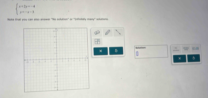 beginarrayl x+2y=-4 y=-x-3endarray.
Note that you can also answer "No solution" or "Infinitely many" solutions. 
Solution: No Infiritely =urry (□ ,□ )
× 
solution 
× 5