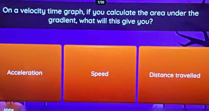 7/30
On a velocity time graph, if you calculate the area under the
gradient, what will this give you?
Acceleration Speed Distance travelled
Alisha