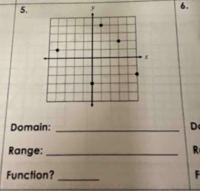 Domain: _D 
Range: _R 
Function? _ F