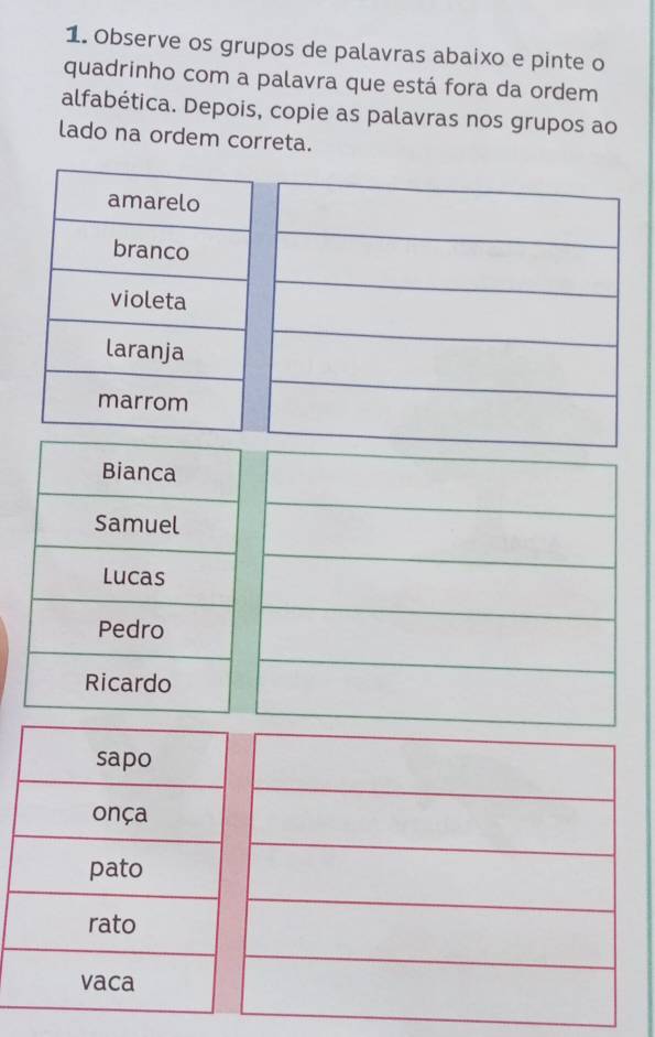 Observe os grupos de palavras abaixo e pinte o 
quadrinho com a palavra que está fora da ordem 
alfabética. Depois, copie as palavras nos grupos ao 
lado na ordem correta. 
amarelo 
branco 
violeta 
laranja 
marrom 
Bianca 
Samuel 
Lucas 
Pedro 
Ricardo 
sapo 
onça 
pato 
rato 
vaca