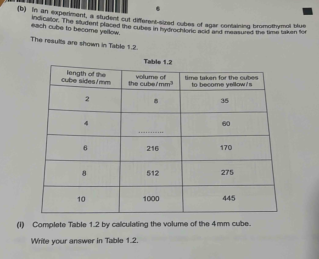 6
(b) In an experiment, a student cut different-sized cubes of agar containing bromothymol blue
indicator. The student placed the cubes in hydrochloric acid and measured the time taken for
each cube to become yellow.
The results are shown in Table 1.2.
(i) Complete Table 1.2 by calculating the volume of the 4mm cube.
Write your answer in Table 1.2.