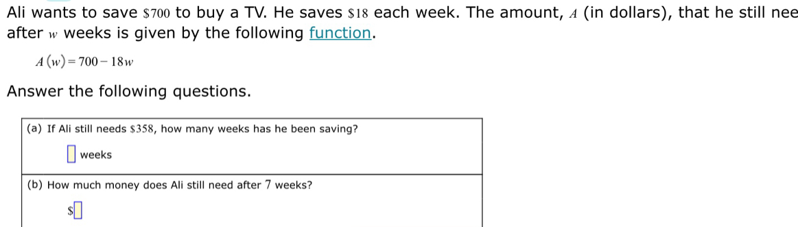 Ali wants to save $700 to buy a TV. He saves $18 each week. The amount, 4 (in dollars), that he still nee 
after w weeks is given by the following function.
A(w)=700-18w
Answer the following questions. 
(a) If Ali still needs $358, how many weeks has he been saving?
weeks
(b) How much money does Ali still need after 7 weeks? 
S