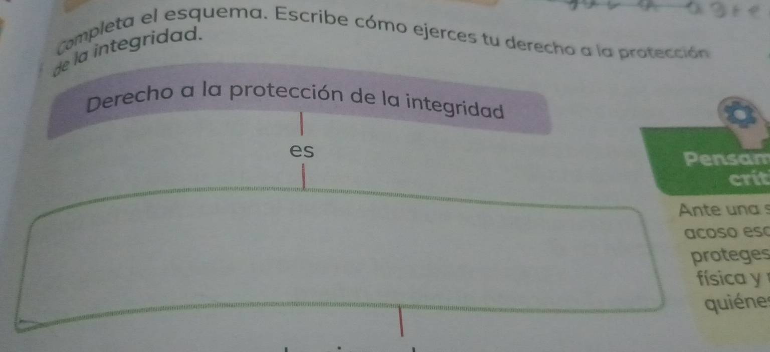 Completa el esquema. Escribe cómo ejerces tu derecho a la protección 
de la integridad. 
Derecho a la protección de la integridad 
es 
Pensam 
crit 
Ante una s 
acoso esó 
proteges 
ísica y 
quiéne