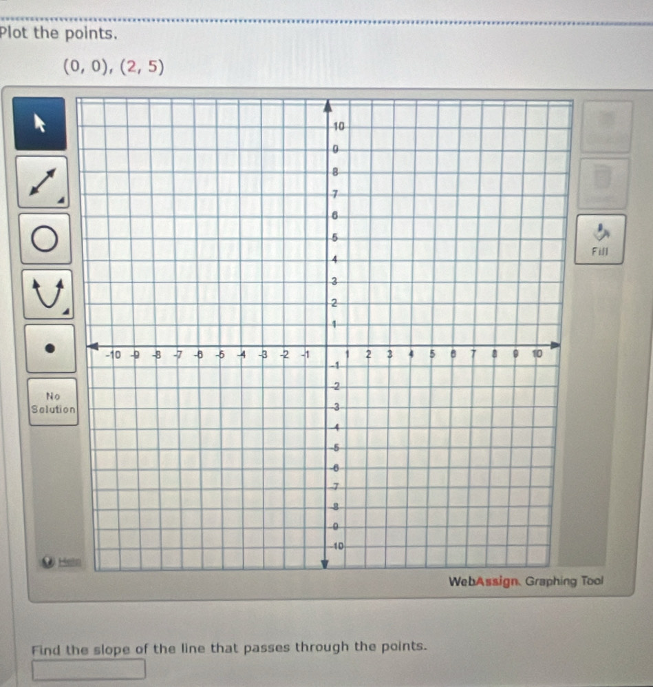 Plot the points.
(0,0), (2,5)
Fill 
No 
Seluti 
H 
Tool 
Find the slope of the line that passes through the points.