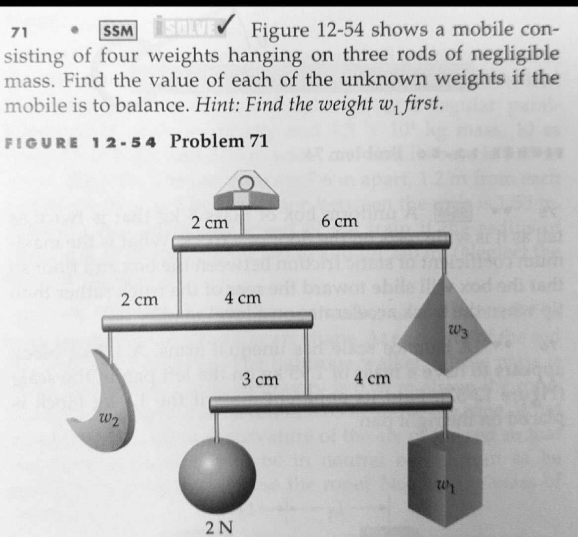 SSM Figure 12-54 shows a mobile con-
sisting of four weights hanging on three rods of negligible
mass. Find the value of each of the unknown weights if the
mobile is to balance. Hint: Find the weight w_1 first.
F I G UR E 1 2 - 5 4 Problem 71
2 N