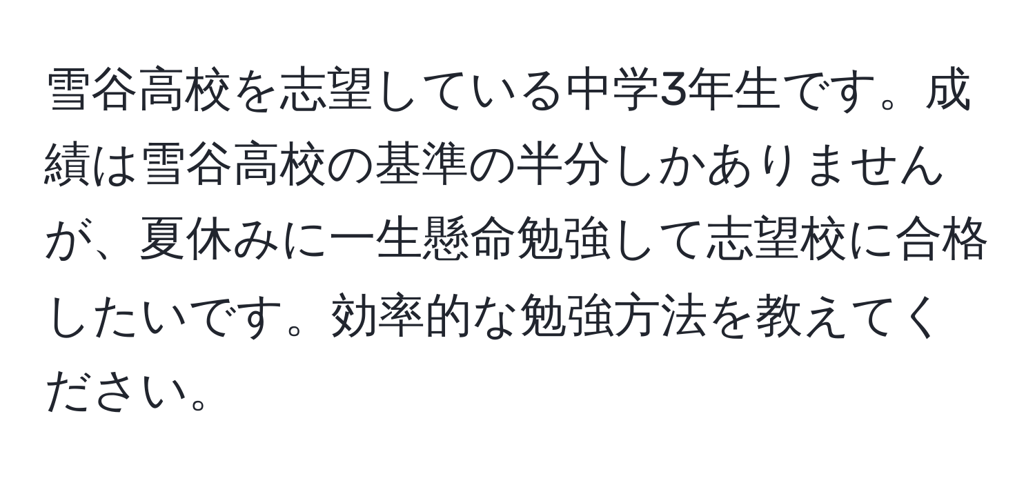 雪谷高校を志望している中学3年生です。成績は雪谷高校の基準の半分しかありませんが、夏休みに一生懸命勉強して志望校に合格したいです。効率的な勉強方法を教えてください。