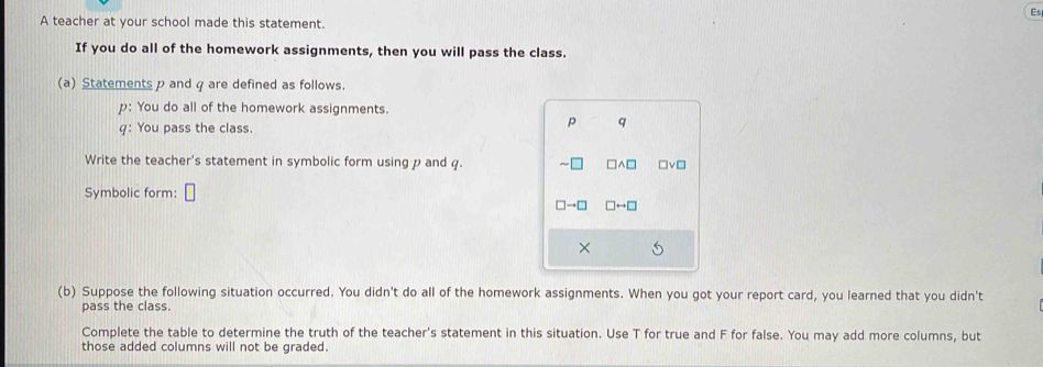 A teacher at your school made this statement. 
If you do all of the homework assignments, then you will pass the class. 
(a) Statements p and q are defined as follows. 
p: You do all of the homework assignments. 
q: You pass the class. 
p q 
Write the teacher's statement in symbolic form using p and q. □∧□ 1vD 
Symbolic form: □→□ 
× 
(b) Suppose the following situation occurred. You didn't do all of the homework assignments. When you got your report card, you learned that you didn't 
pass the class. 
Complete the table to determine the truth of the teacher's statement in this situation. Use T for true and F for false. You may add more columns, but 
those added columns will not be graded.