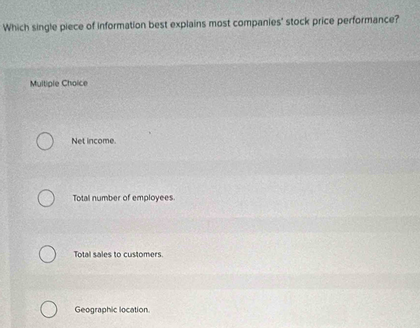 Which single piece of information best explains most companies' stock price performance?
Multiple Choice
Net income.
Total number of employees.
Total sales to customers.
Geographic location.