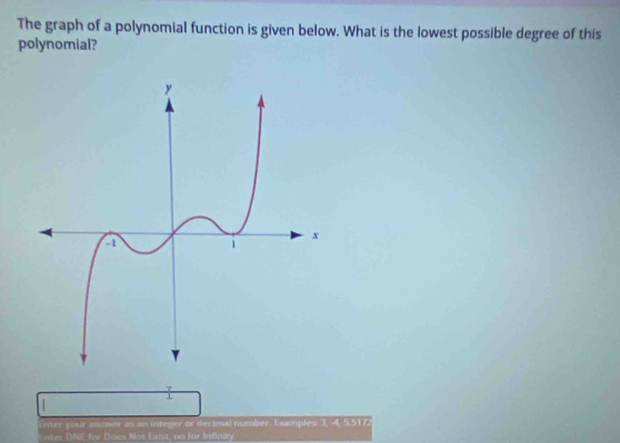 The graph of a polynomial function is given below. What is the lowest possible degree of this 
polynomial? 
1 
Enter your answer as an integer or decinal number. Examples; 3, 4, 5.5172
Enter DNE for Does Not Exist, no for Infinity