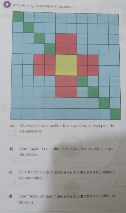 Analise a figura a seguir e responda. 
a) Que fração da quantidade de quadrados está pintada 
de amarelo? 
_ 
b) Que fração da quantidade de quadrados está pintada 
de verde? 
_ 
c) Que fração da quantidade de quadrados está pintada 
de vermelho? 
_ 
d) Que fração da quantidade de quadrados está pintada 
de azul? 
_