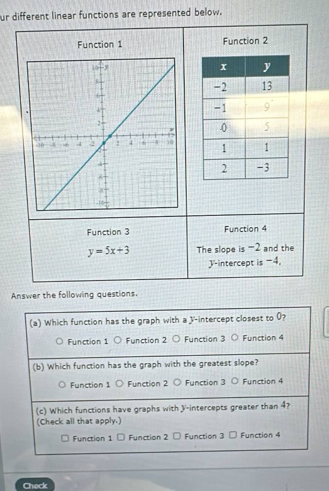 ur different linear functions are represented below.
Function 1 Function 2
Function 3 Function 4
y=5x+3 The slope is -2 and the
V -intercept is =4.
Answer the following questions.
(a) Which function has the graph with a V -intercept closest to 0?
Function 1 Function 2 Function 3 Function 4
(b) Which function has the graph with the greatest slope?
Function 1 Function 2 Function 3 o Function 4
(c) Which functions have graphs with V -intercepts greater than 4?
(Check all that apply.)
Function 1 Function 2 Function 3 Function 4
Check